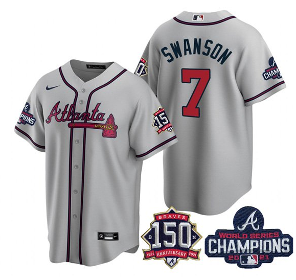 Men's Grey Atlanta Braves #7 Dansby Swanson 2021 World Series Champions With 150th Anniversary Patch Cool Base Stitched Jersey